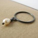 Delicate Pearl Ring . Oxidized Sterling Silver