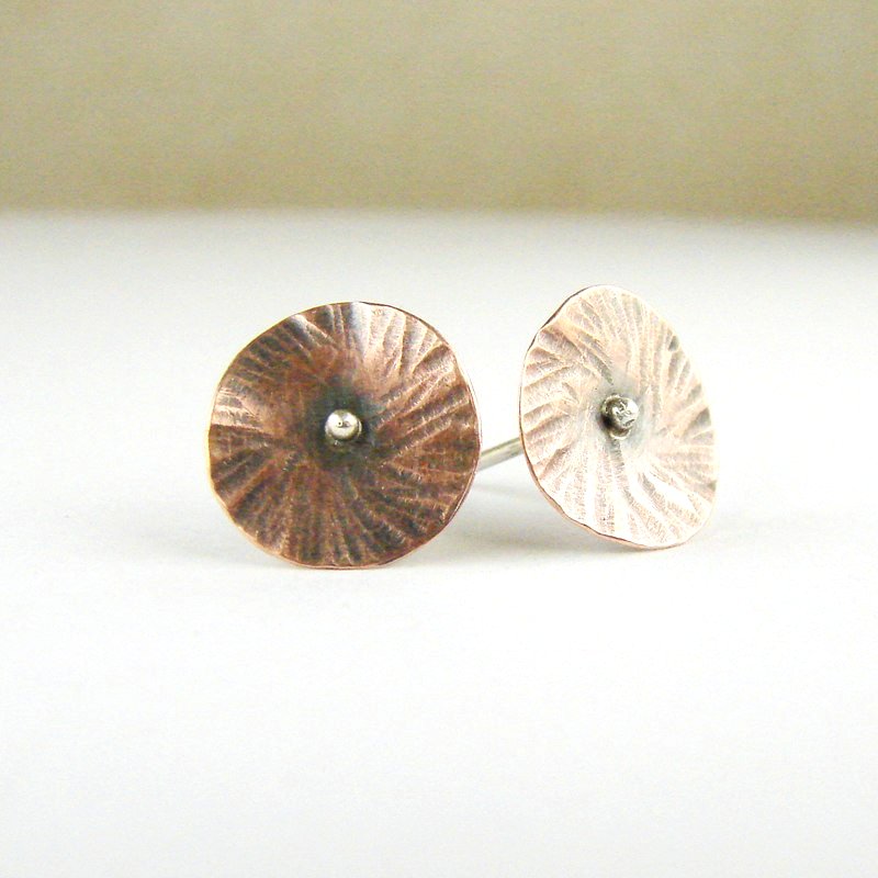 Delicate Stud Earrings . Small Fowers . Copper And Silver