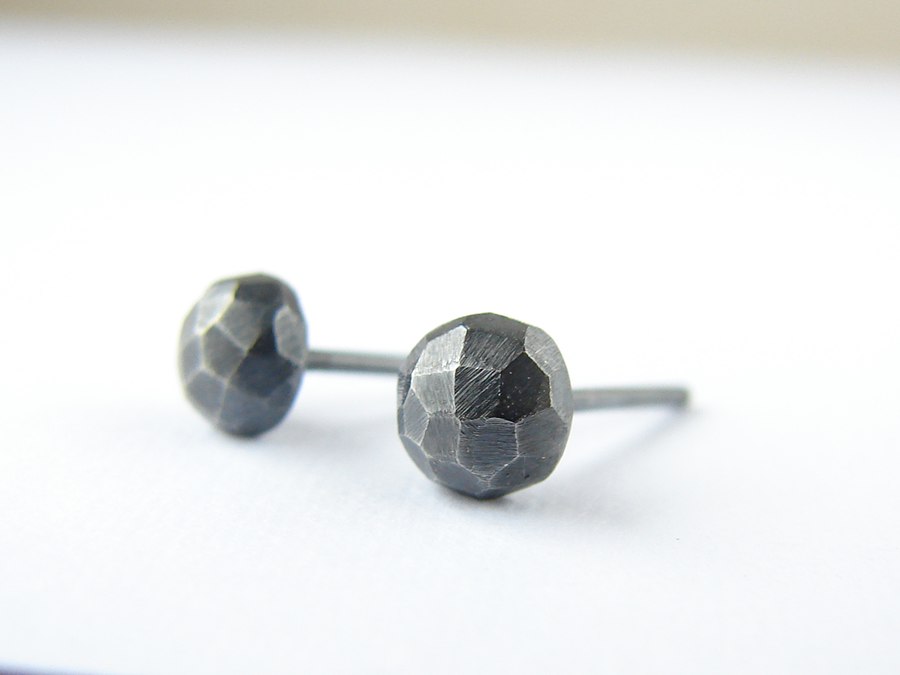 Small Faceted Studs . Black Oxidized Sterling Silver Earrings