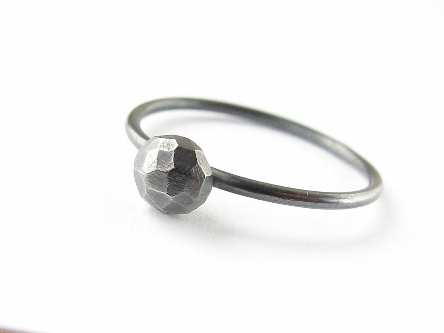 Oxidized Silver Ring . Black Stacker With Faceted Nugget