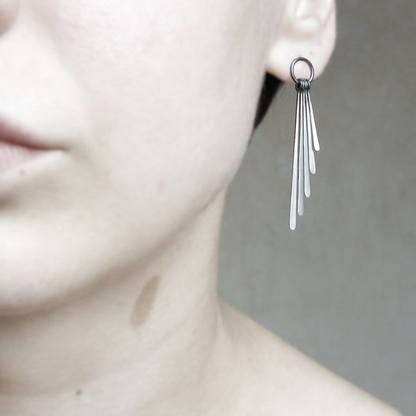 Sterling Silver Earrings . Oxidized Ombre Fringe