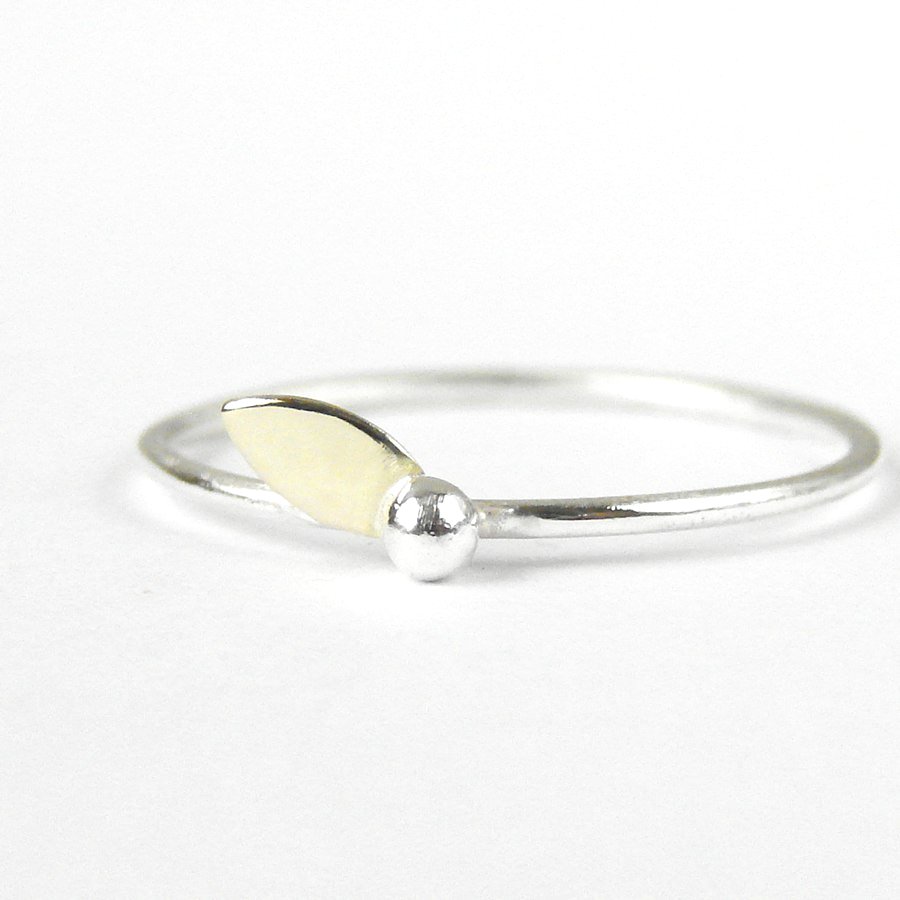 Delicate Ring. Sterling Silver And Gold Brass Leaf. Stacking Ring