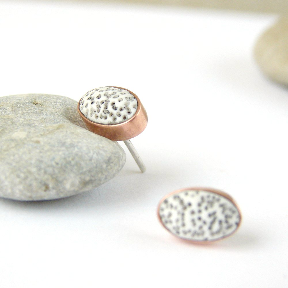 Small Oval Stud Earrings . Porous Polymer Clay Pebbles In Copper And Silver