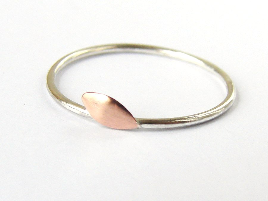 Delicate Leaf Ring. Sterling Silver And Copper Dainty Ring.
